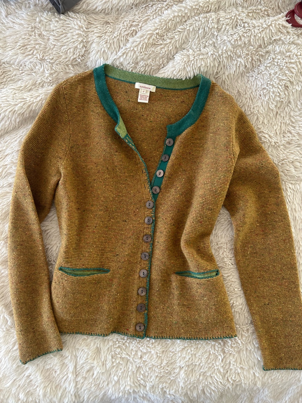 Sundance Mustard Knit Cardigan with Teal Trim